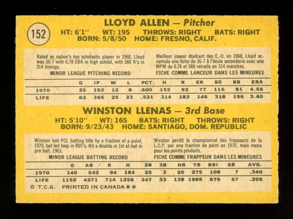 1971 TOPPS OPC O PEE CHEE #152 LLOYD ALLEN WINSTON LIENAS EX-NM Rookie Angels - Image 2 of 2