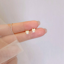 Adorable Gold 3D Hello Kitty Cat Kitten Moonstone Pave CZ Stud Earrings