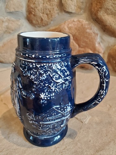 Blue Ceramic Stein Family Scene in Mountain Village w/ handle 7.25" tall - Picture 2 of 13