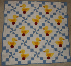 Hand made vintage yellow blue rubber ducky quilt with duck plaques