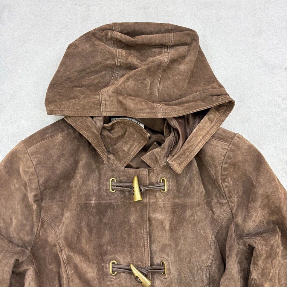 Abrigo de cuero Bradley Bayou vintage para mujer grande marrón gamuza palanca con capucha largo Foto 2 de 4