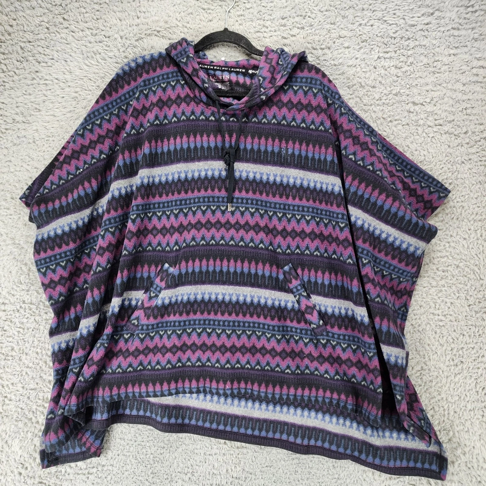 Lauren Ralph Lauren Sweater Womens Large Purple Aztec Print Fleece Hooded Poncho