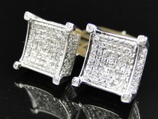 10K White Gold Diamond 3D 4-Prong Square Shape Stud Earrings 12mm