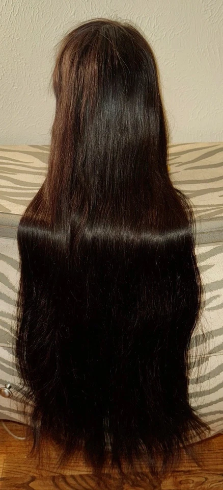 Preciosa peluca frontal de encaje, 32 pulgadas, recta con flequillo, negra, 100 % cabello humano Foto 2 de 4