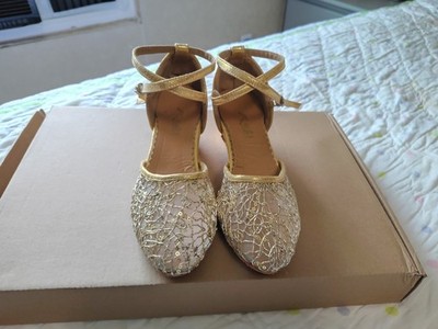 Women's Ballroom Dance Shoes-Gold Sequin Mesh With Suede Soles-Size US 4, EU 33