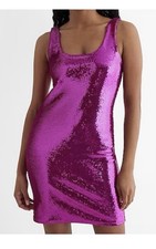 Express Sequin Scoop Neck Mini Stretch Sheath Dress Bright Magenta Size Medium