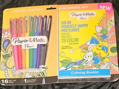 NEW Paper Mate Happy Postcard coloring booklet Limited Edition, 16 felt pens New