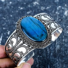 Labradorite Gemstone Bangle 925 Sterling Silver Bangle Bracelet, Adjustable Cuff