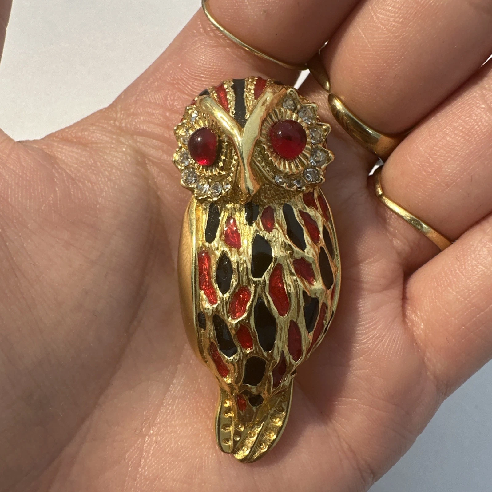 Broche Chouette, Rouge Noire Et Dorée, Strass Blanc Bijoux Fantaisie