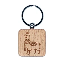 Cozy Llama Alpaca Wrapped with Scarf and Blanket Engraved Wood Square Keychain
