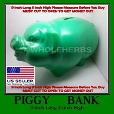 9" GREEN Plastic Piggy Banks Cash Coins Pigs Pig Must Cut To Get Money Out New