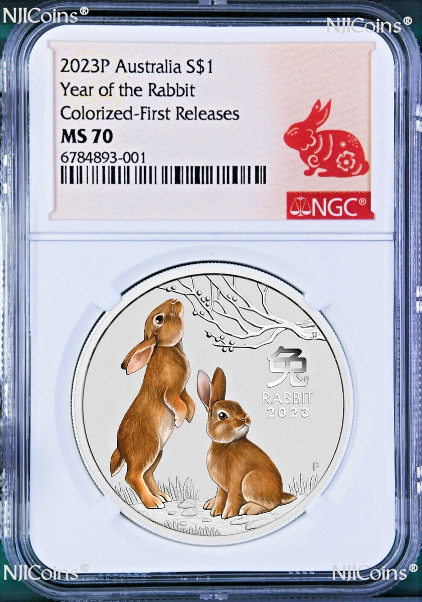 2023 P Australia Colored Silver Lunar Year of the Rabbit NGC MS70 1oz $1  Coin