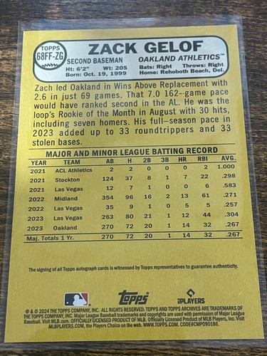 2024 Topps Archives - 1968 Autografi preferiti dai fan #68FF-ZG Zack Gelof (AU, RC) - Foto 2 di 2