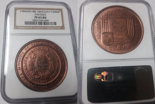 Rare 1984 Uruguay  Copper Pattern 2000 Pesos Bank,  NGC PF 65