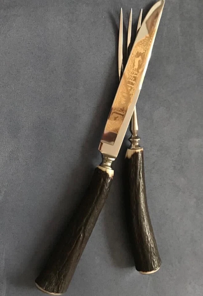 Steakbesteck & Tranchierset aus Hirschorn& Goldener Gravur. Von Signal Solingen. - Bild 3 von 3