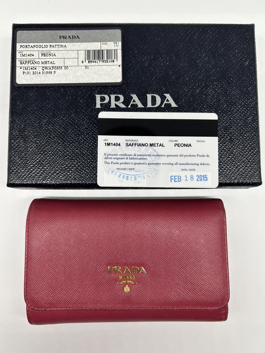 PRADA 1M1404 Fold Wallet Saffiano Leather Pink with Guarantee Card and Box