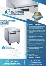NEW! Dukers Reach-In Undercounter Freezer WxDxH (inches) 29 1/8 x 31 1/2 x 36
