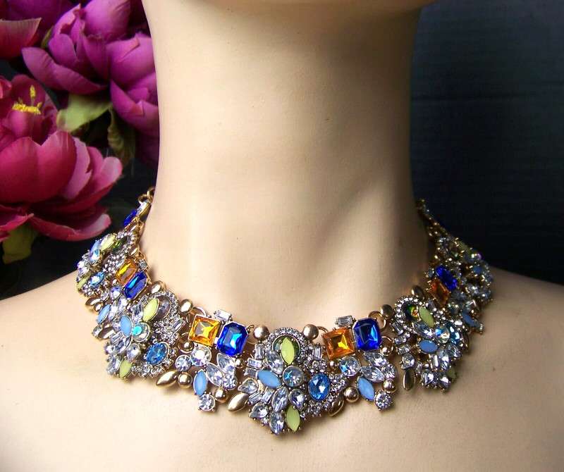 Blue Multi Color Vintage Style Crystal Rhinestone & Glass Necklace