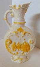 Vtg Mid Century Modern Ceramic Porcelain White/Yellow Pitcher Vase with Handle