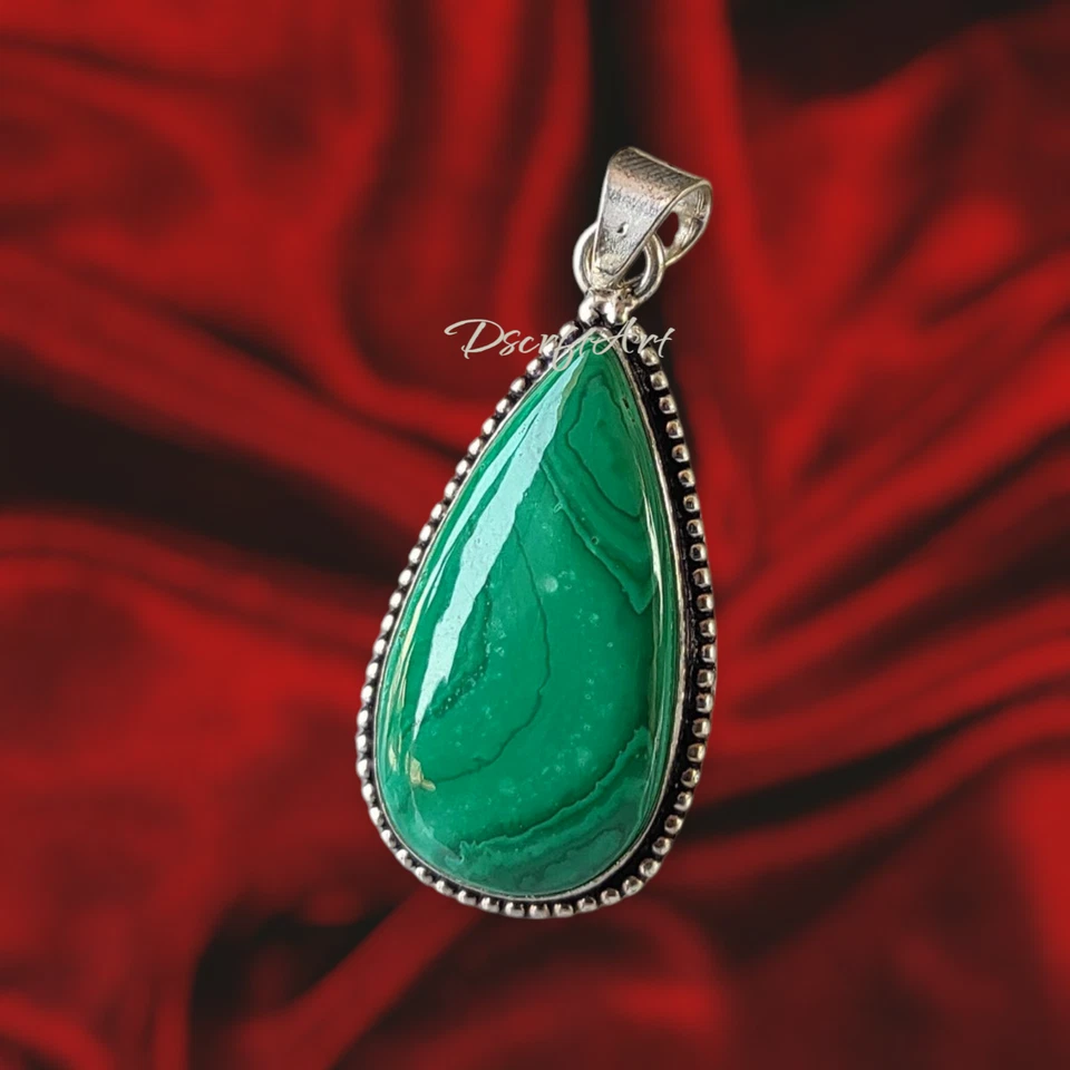 孔雀石宝石吊坠,925 纯银手工吊坠 — 第 2/4 张图片