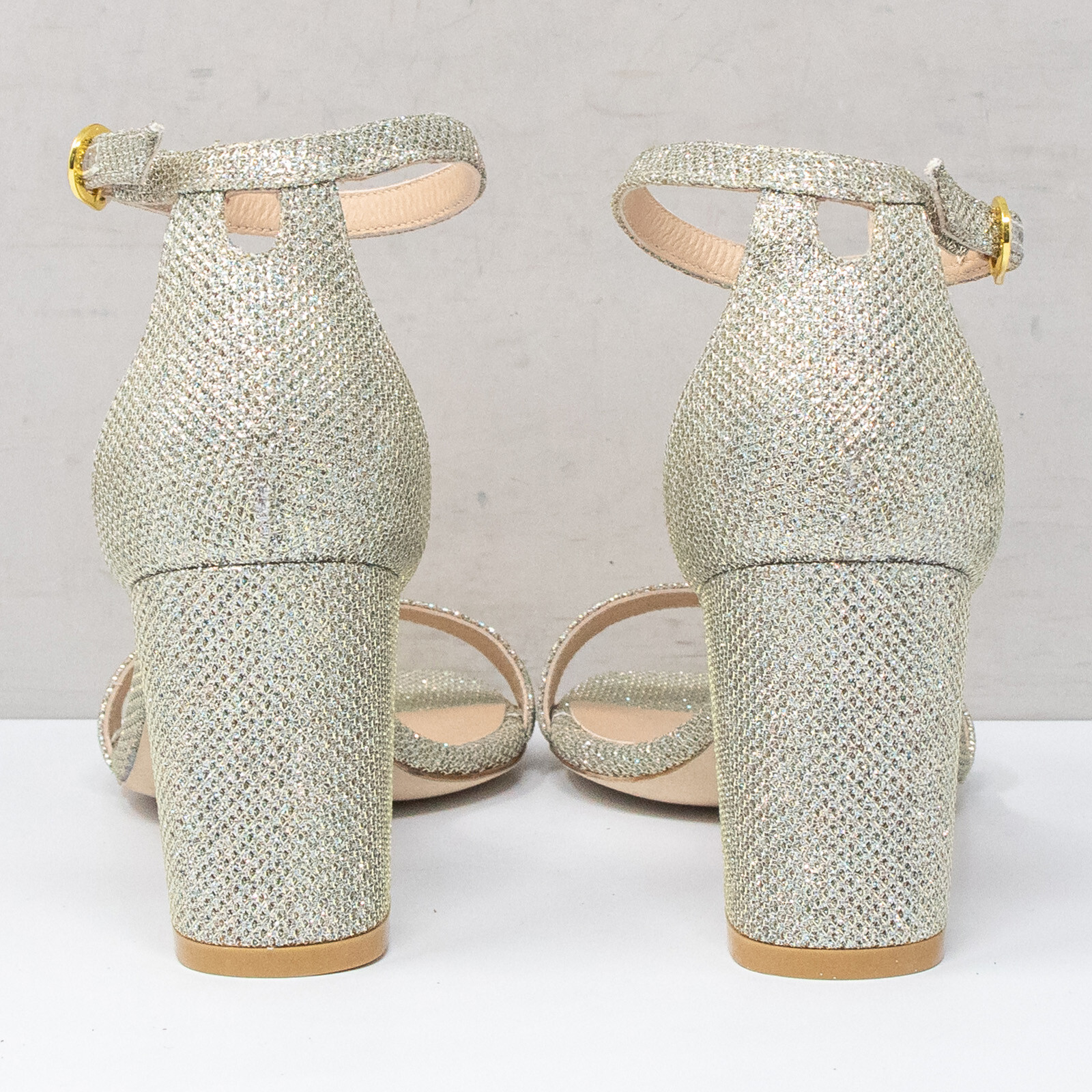 Stuart Weitzman Nudistcurve 75 New Noir Silver Block Heels, Size 6.5 B