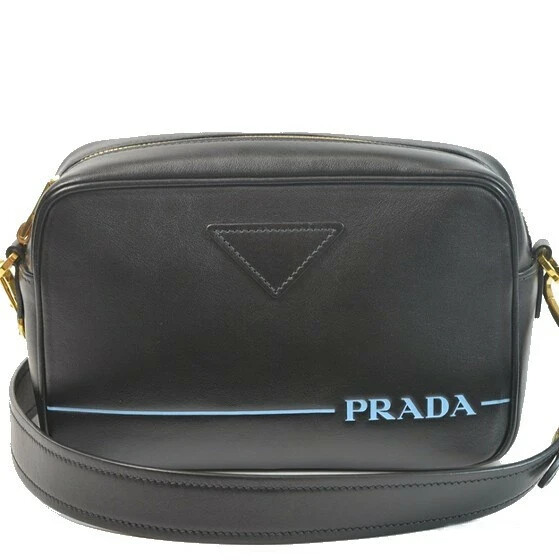 PRADA Black Leather Shoulder Bag with Blue Logo Line Crossbody 1BH093 Authentic