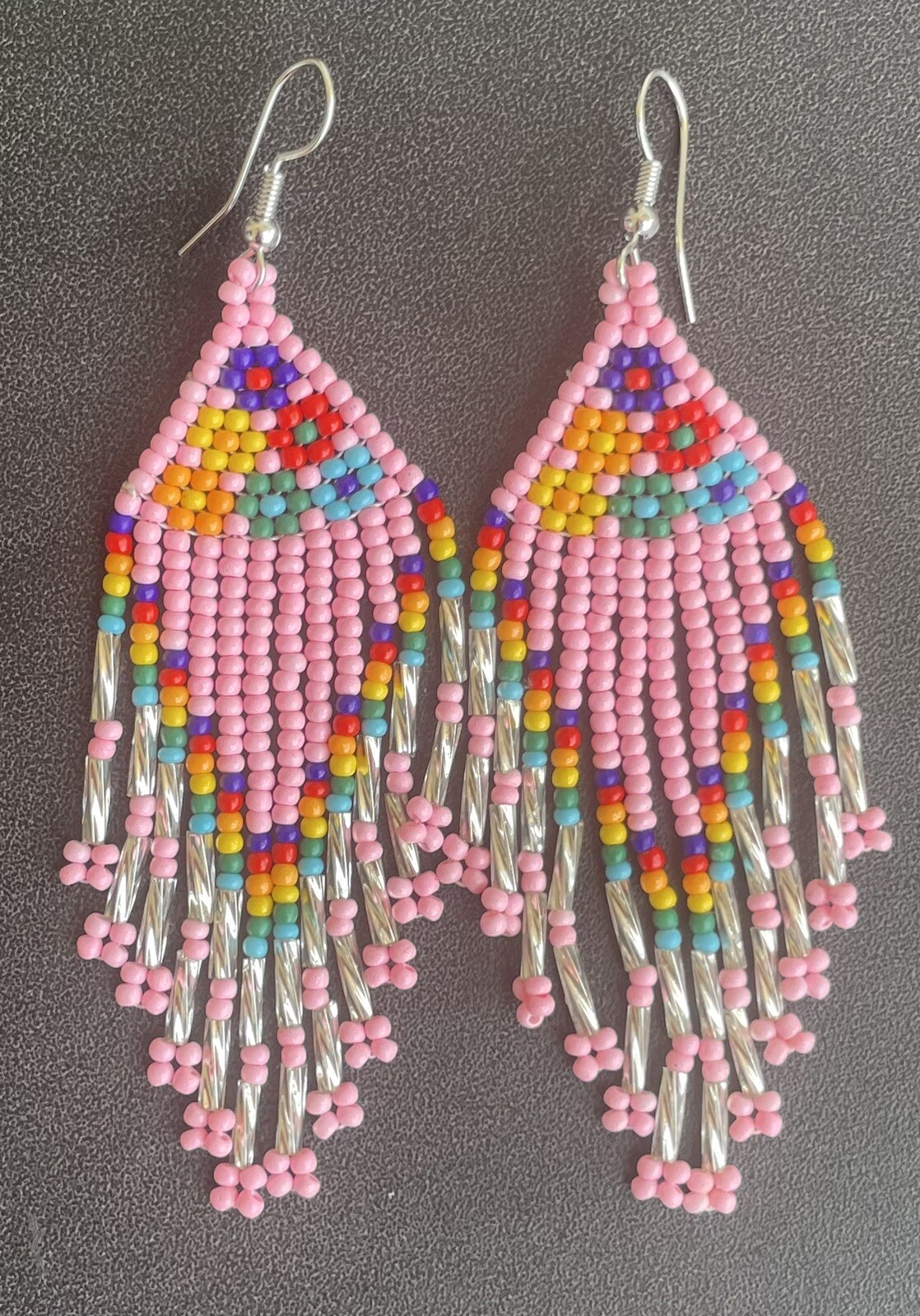 Boho Native Style Pink Seed Bead Beaded Flower Earrings Fringe Tassel Long