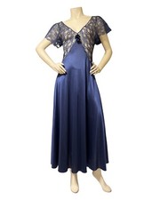 VAL MODE VTG BLUE LONG BACKLESS NIGHTGOWN Sheer Lace Bodice EUC Ankle Length