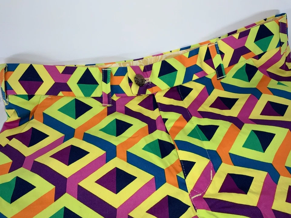 Pantalones Cortos de Golf Loudmouth Block Fiesta Talla 32 Amarillo Púrpura Bloques Planos Nuevos con Etiquetas YGI E2-60 Foto 3 de 4