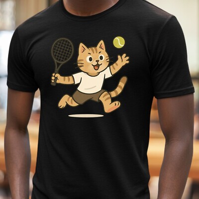 Tennis Cat T-Shirt - Funny Sports Theme with Cat & Racket, Unisex