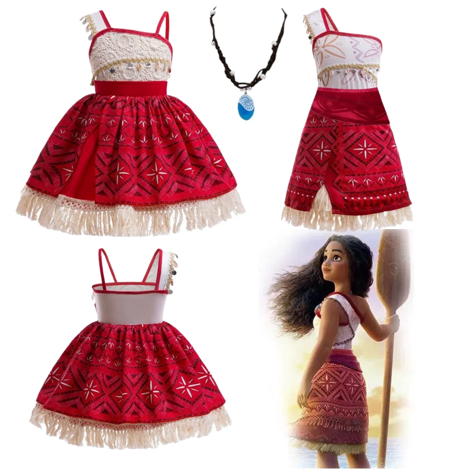 Kids Girls Dresses Moana 2  Movie Princess Cosplay Costume Skirt with Necklace