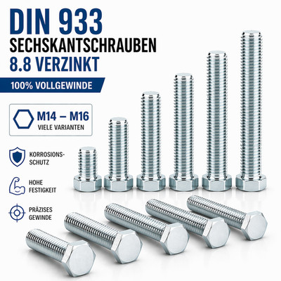 Sechskantschrauben Maschinenschrauben DIN 933 verzinkt 8.8 M14 M16 ISO 4017