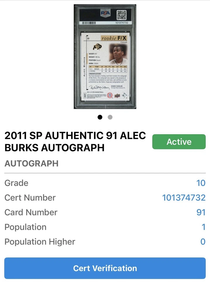 2011-12 Upper Deck Authentic SP #91 ALEC BURKS AUTO Colorado | PSA 10 | POP 1 - Image 3 of 4