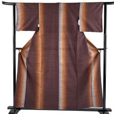 JAPANESE KIMONO TSUMUGI brown purple 159cm 5 ft 3 in PURE SILK AA9891