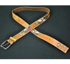 Vintage Ed Hardy Brown Tan Tiger Gold Embroidery Logo Leather Stud Belt L/XL 53"