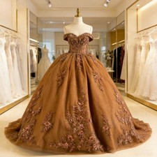 Brown Quinceanera Dress Ball Gown Cap Sleeve Beads Applique Lace Up Bow Ballgown