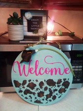 New Handmade 12" Wood Wall Art Animal Print Welcome Sign Cow Print Home Decor