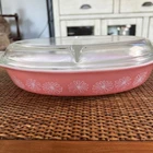 Vintage Pyrex Pink Daisy Divided Oval Casserole Dish  1- 1/2 Quart with Lid