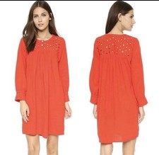Madewell Eyelet Daybreak Dress in Tropical Red Coral Size S Elastic Cuffs Linen