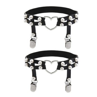 2Pcs Adjustable Elastice Punk Thigh Garter Belts Leg Rings Adjustable, Black 