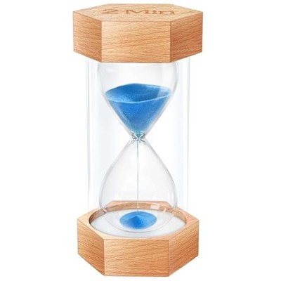 2 Minute Hourglass Sand Timer, Natural Wood Grain Hexagonal Hour 2 minute Blue