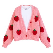 FindThy Women s Kawaii Strawberry Embroidered Cardigan Long Sleeve V Neck