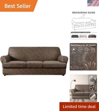 Machine Washable T-Cushion Sofa Slipcover - Leather Effect, 4-Piece Set in Brown