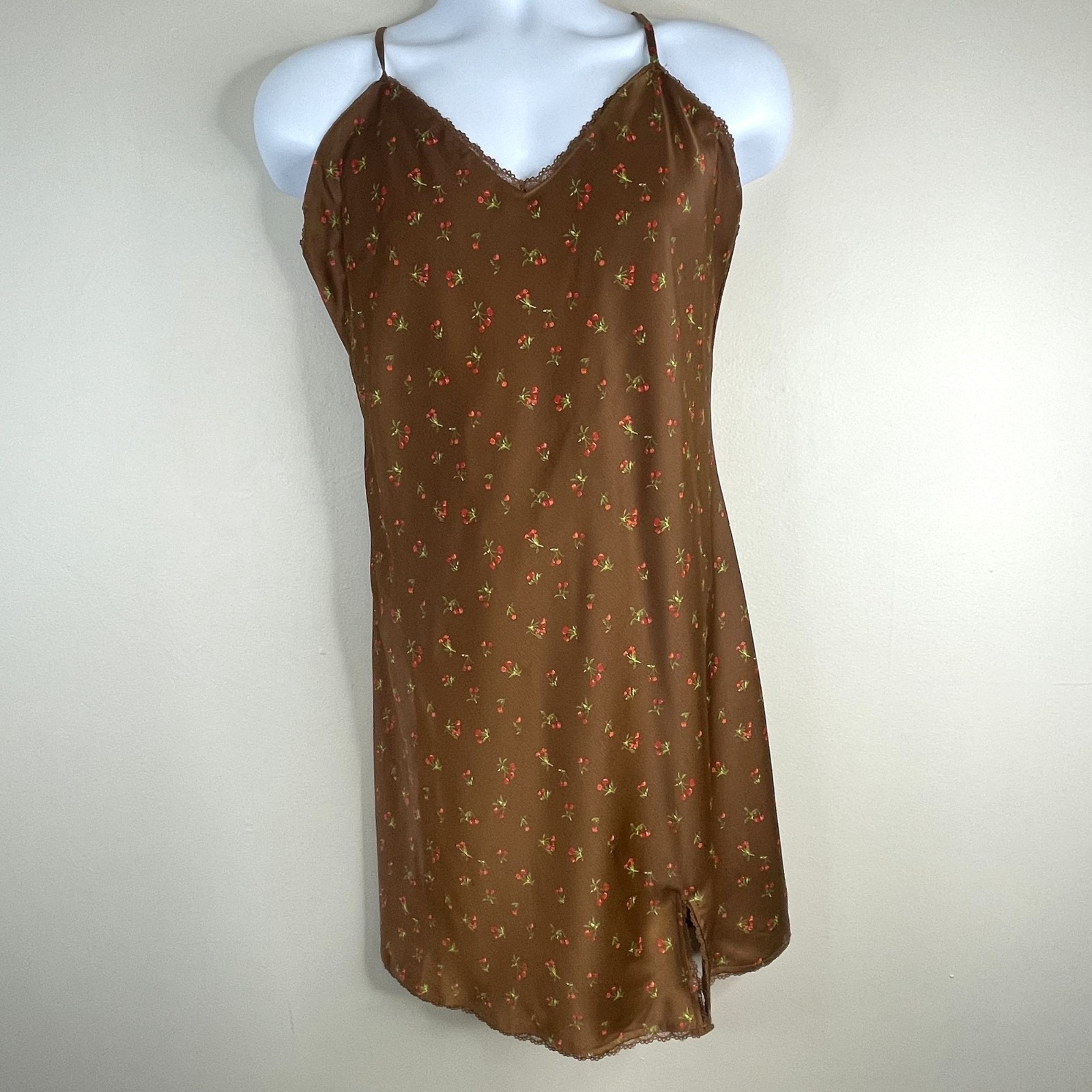 Wild Fable Silky Satin Slip Dress Large Brown Ditsy Cherries Tie Back Strap
