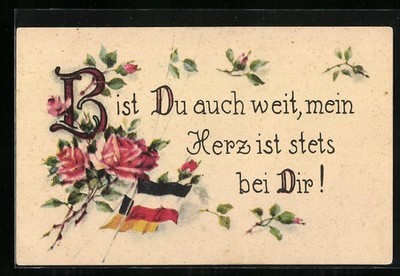 Postcard saying: Are you also wide, my heart is always with you! imperial flag and east 