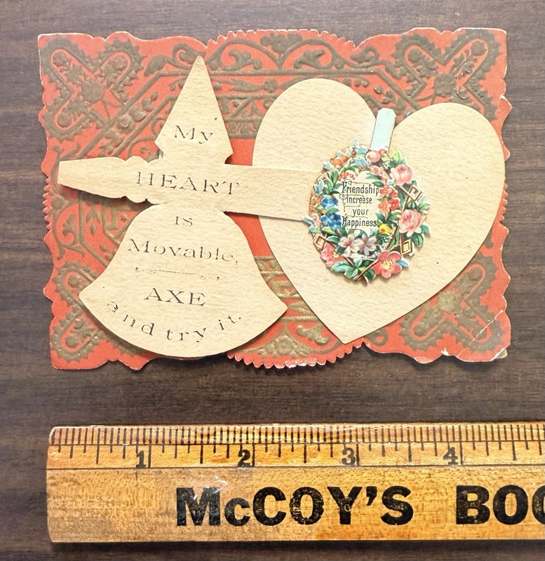 Victorian Era Mechanical Greeting Card,  Friendship, Moveable Axe