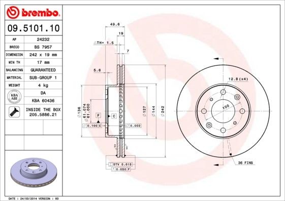 Disque de frein avant HONDA BREMBO 09.5101.10 ventilé kit de remplacement essieu