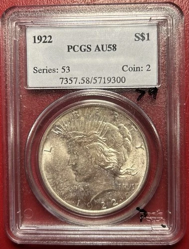 1922 Peace Dollar. PCGS AU-58. Free Shipping