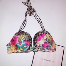 Victoria Secret Swim Bikini Top 32B Bombshell Push Up Leopard Floral Adds 2 Cup