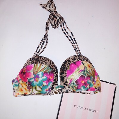 Victoria Secret Swim Bikini Top 32B Bombshell Push Up Leopard Floral Adds 2 Cup